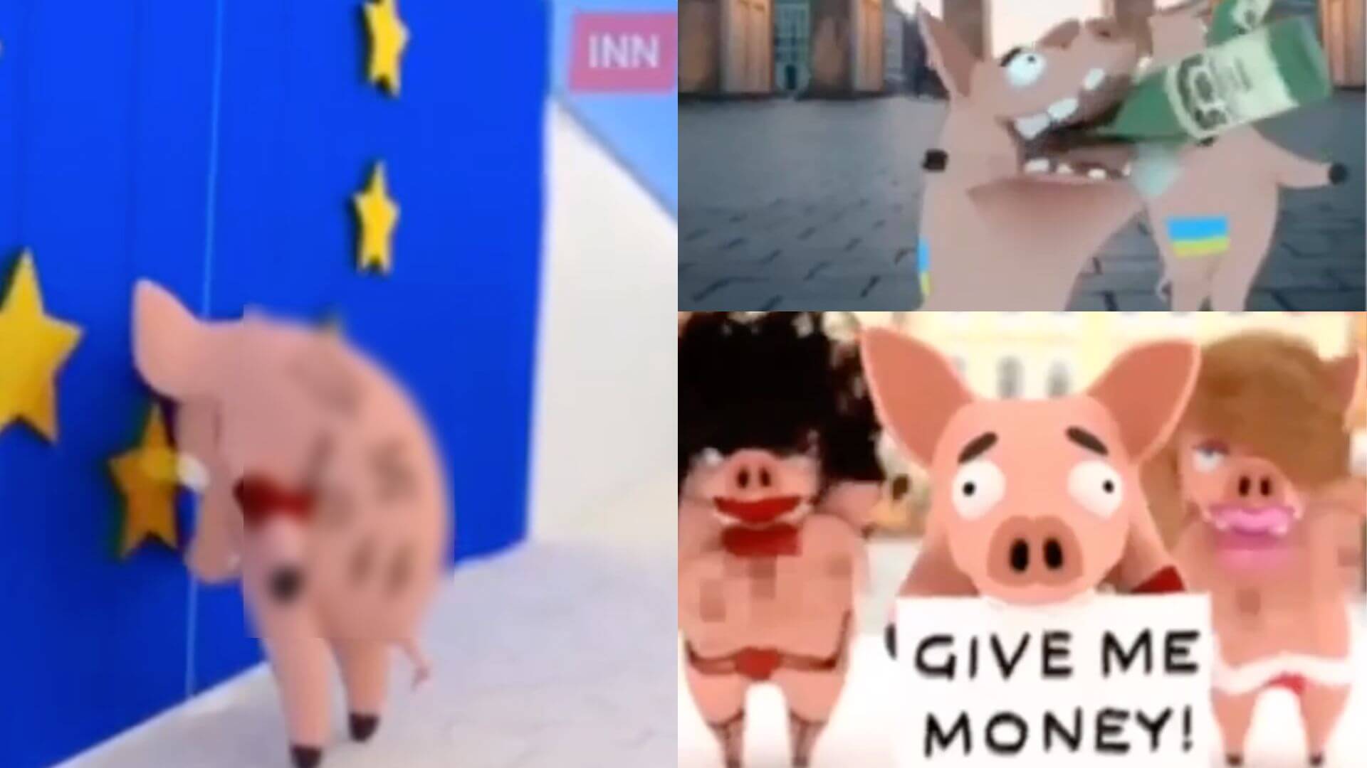 In einem anti-ukrainischen Propagandavideo werden Menschen aus der Ukraine als Schweine mit Nazi-Tattoos dargestellt. Wir haben die Hakenkreuz- und SS-Symbole im Titelbild unkenntlich gemacht. Es handelt sich um Propaganda.