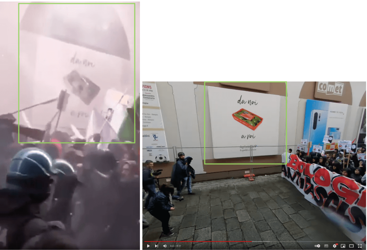 Vergleich der Videos zeigt, dass es sich um dasselbe handelt – das aktuell verbreitete Video zeigt die Demo 2019 in Bologna