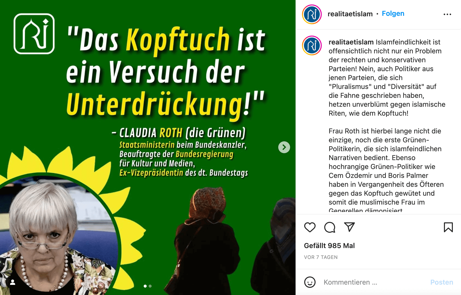Instagram-Beitrag von „Realität Islam“, wo Claudia Roth zitiert wird: Das Kopftuch ist der Versuch der Unterdrückung 