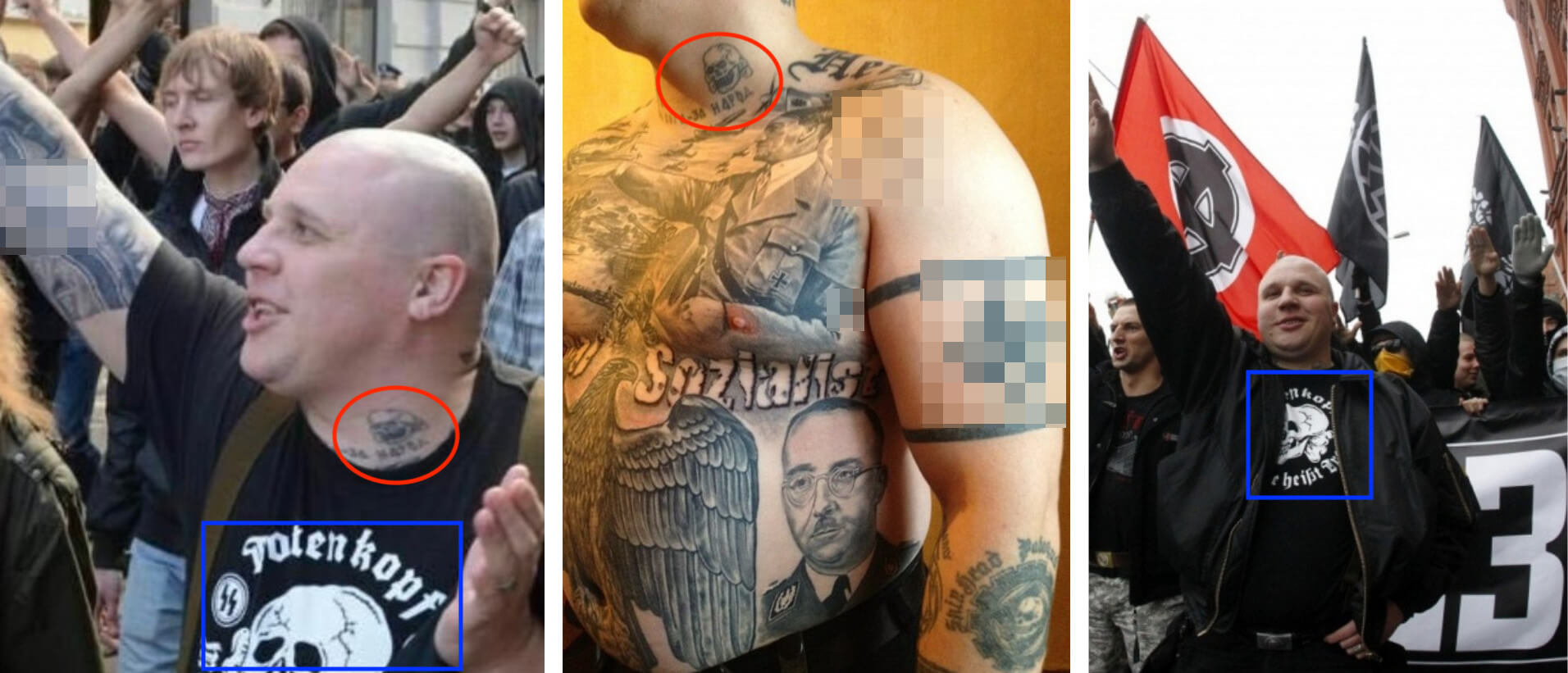 eine Collage aus Fotos eines russischen Neonazis mit zahlreichen Tattoos