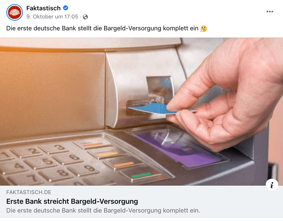 Dieser Facebook-Beitrag enthält eine irreführende Überschrift. Die Bargeld-Versorgung der Raiffeisenbank Hochtaunus wird nicht komplett eingestellt.
