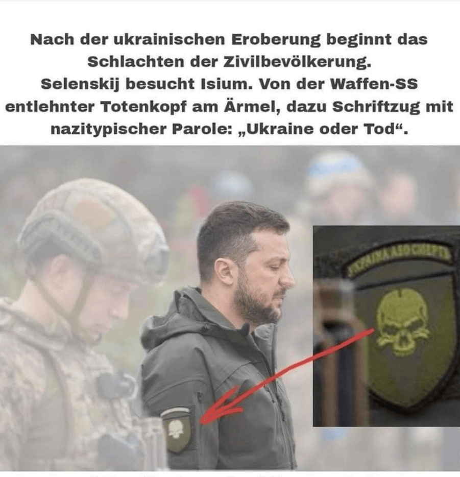 Dieses Foto kursiert in Sozialen Netzwerken. Selenskyj trägt keinen SS-Aufnäher, sondern das Abzeichen der 72. separaten mechanisierten Brigade der ukrainischen Armee.