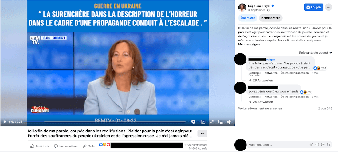 Screenshot Facebook Entschuldigung Ségolène Royal