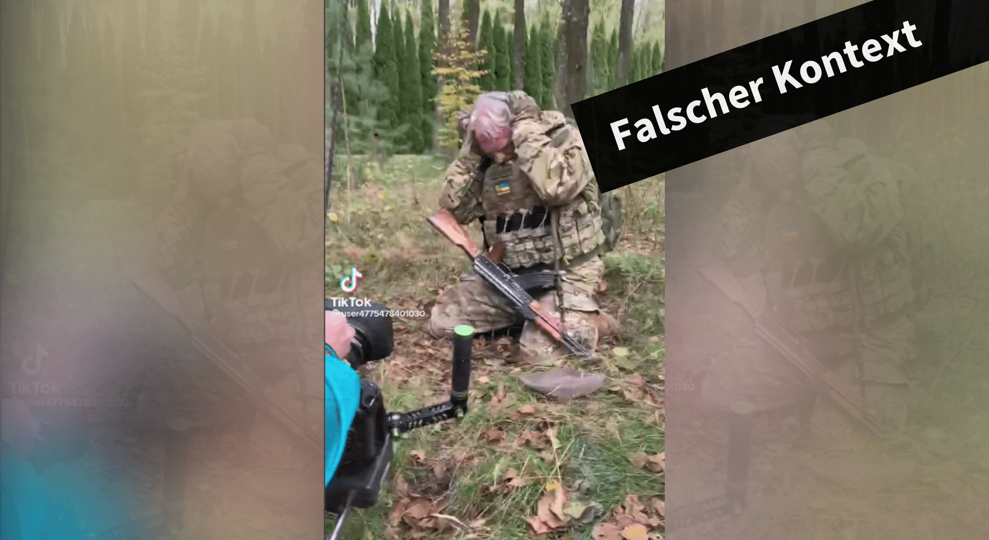 Mann in Uniform in einem Wald, die Szene über die Ukraine entstand bei einem Musikvideodreh.