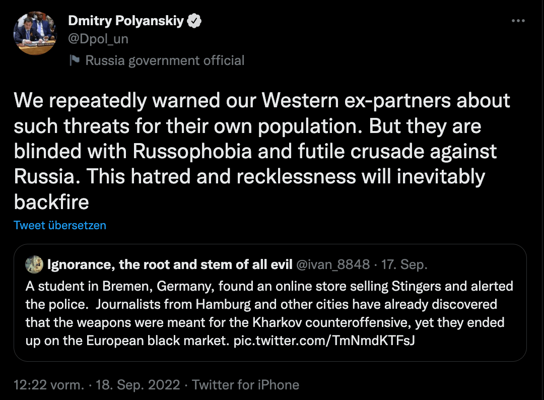 Tweet des russischen Diplomaten Dmitry Polyanskiy