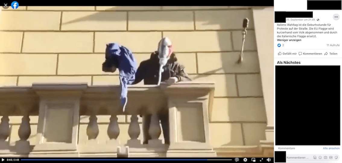 Screenshot des Beitrages auf Facebook: zu sehen ist, wie eine maskierte Person auf einem Balkon eine EU-Flagge in der Hand hält