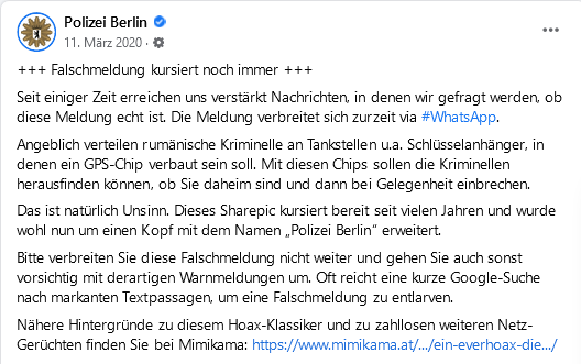 Facebook-Beitrag der Polizei Berlin