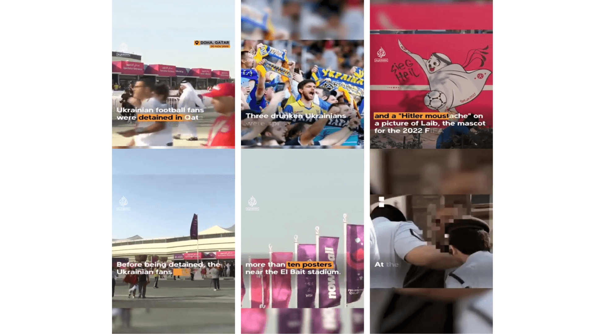 Abgesehen von der Einblendung des Al Jazeera-Logos am Ende des gefälschten Videos sind insgesamt sechs verschiedene Aufnahmen zu sehen