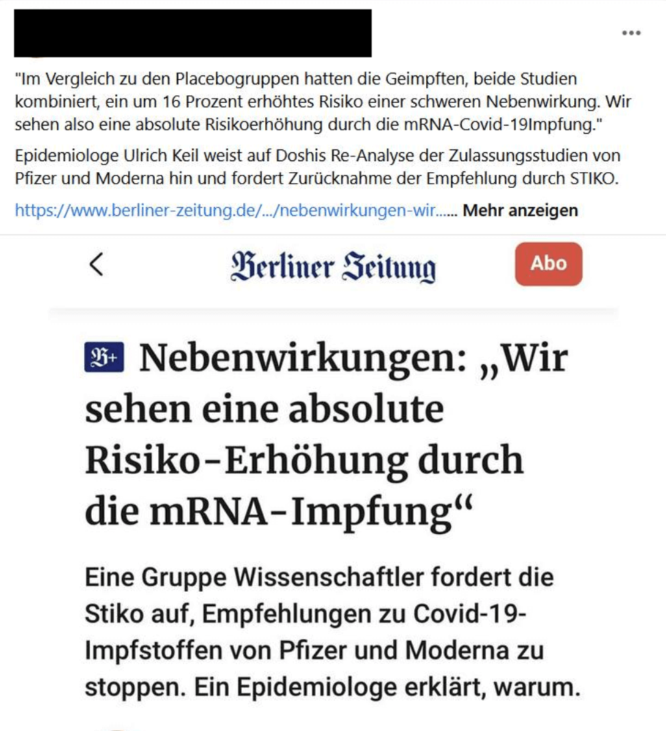 Eines der Fotos, die dutzendfach auf Facebook geteilt werden und auf den Artikel der Berliner Zeitung zur Re-Analyse der Zulassungsstudien verweist.
