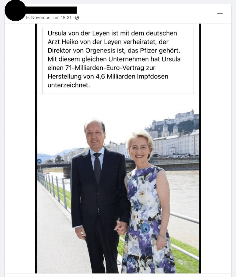Die Behauptung in einem Facebook-Beitrag gemeinsam mit einem Foto des Ehepaars: Heiko von der Leyen, Ehemann von EU-Kommissionspräsidentin Ursula von der Leyen, soll bei einem Unternehmen arbeiten, das Pfizer gehöre. Das stimmt nicht.