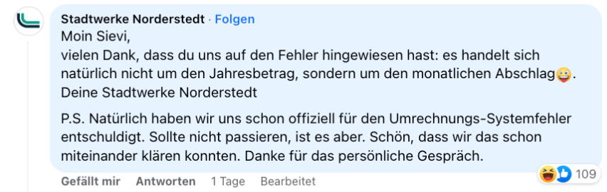 Die Stadtwerke Norderstedt entschuldigten sich in einem Facebook-Kommentar.