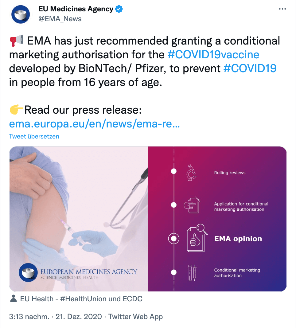Ein Tweet der EMA: Am 21. Dezember 2020 empfahl die Europäische Arzneimittelbehörde EMA die bedingte Zulassung des ersten Corona-Impfstoffes in der EU.