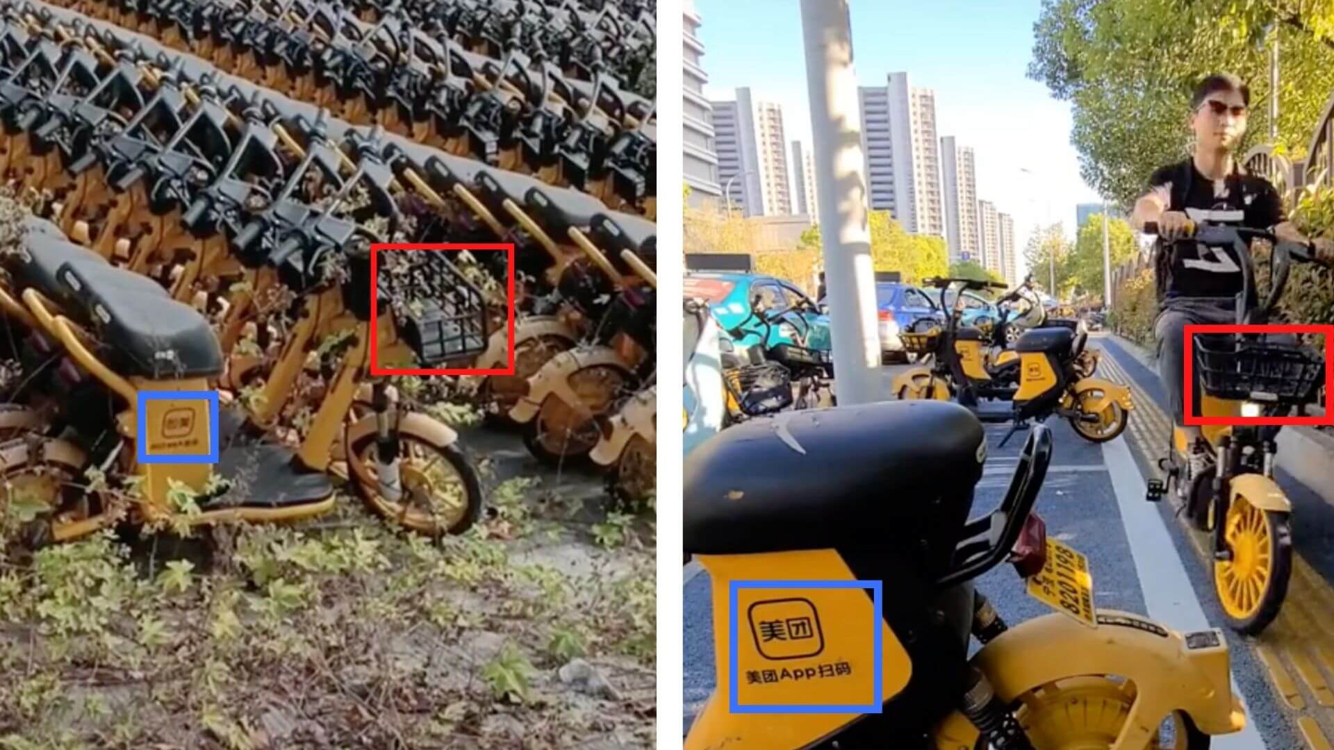 Ein Vergleich mit dem Video, das in Sozialen Netzwerken kursiert (links) mit einem anderen Tiktok-Video (rechts) zeigt, dass es sich um Elektromopeds des chinesischen Unternehmens Meituan handelt