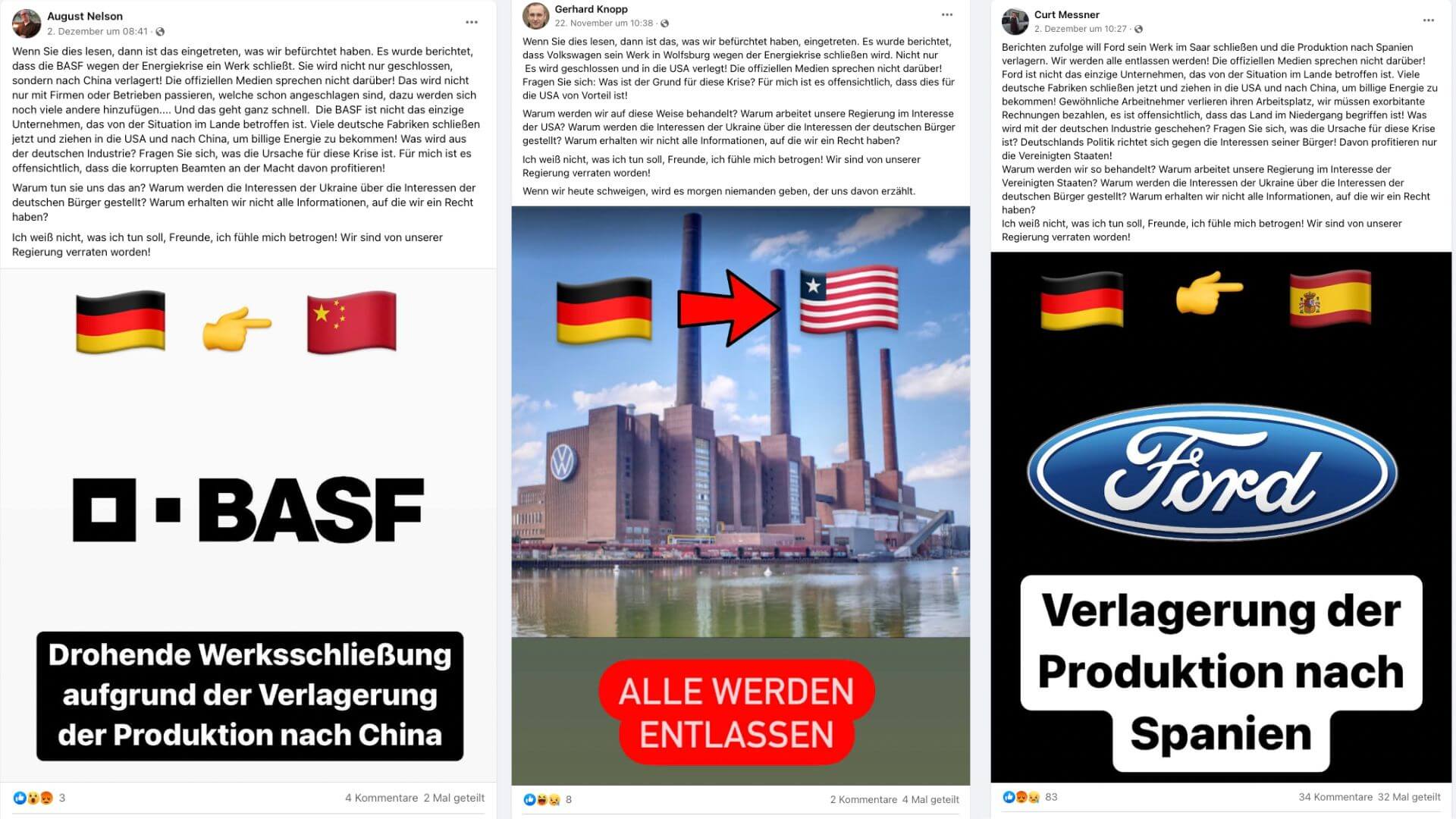 Drei Facebook-Beiträge über angebliche Schließungen von Standorten von BASF, Volkswagen und Ford