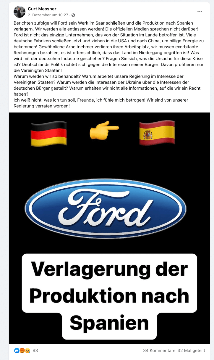 ein Facebook-Beitrag über Ford