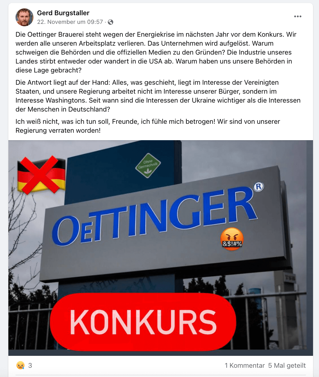ein Facebook-Beitrag über die Oettinger-Brauerei