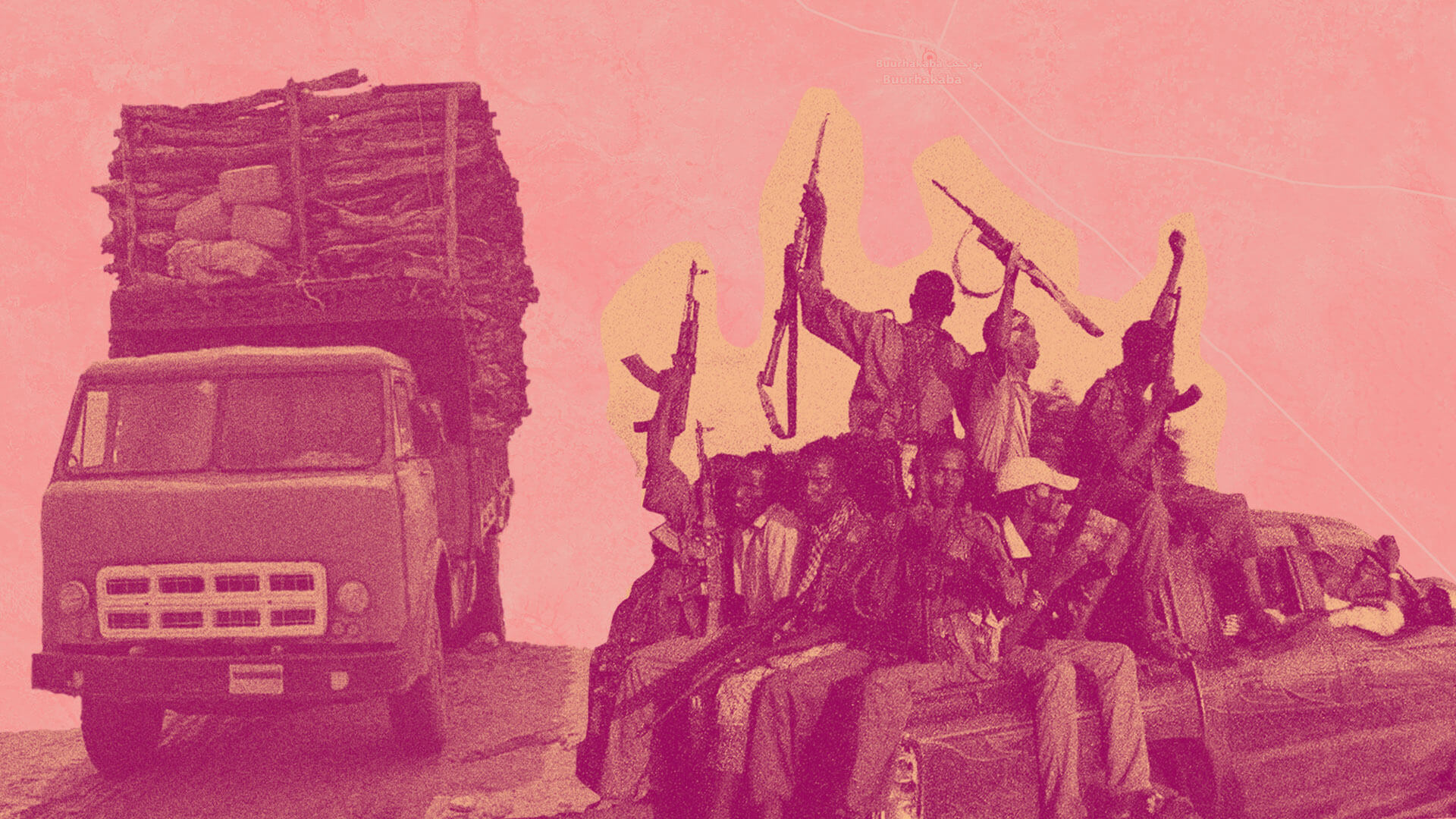 Collage aus LKW und somalischen Al-Shabaab Kämpfern