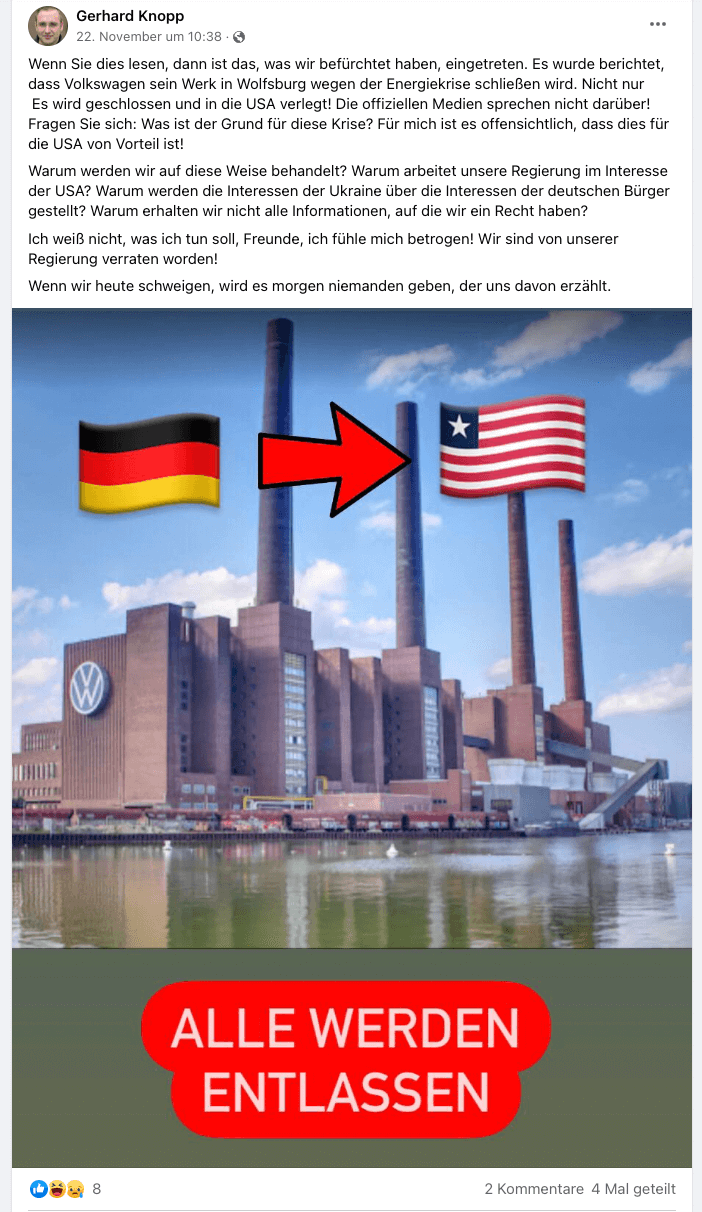 Facebook-Beitrag über Volkswagen-Werk in Wolfsburg