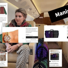 Eine Person, angeblich Olena Selenska, sitzt in einem Privatjet und trägt Kleidung von Luxusmarken