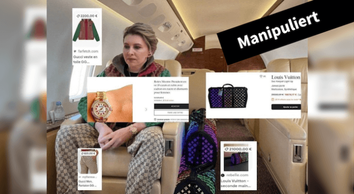 Eine Person, angeblich Olena Selenska, sitzt in einem Privatjet und trägt Kleidung von Luxusmarken