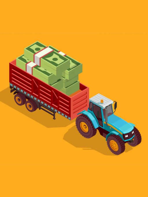 Illustration zeigt mit Geld beladenen Traktor