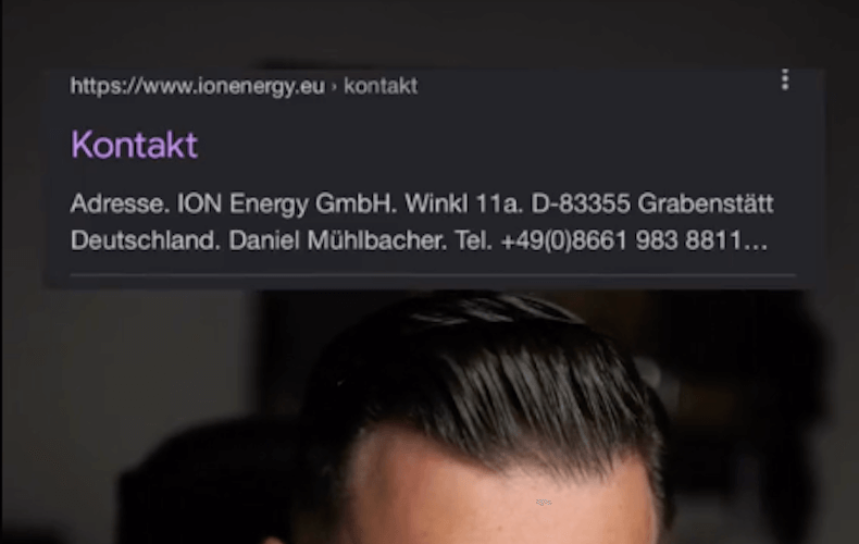 Screenshot aus dem Tiktokvideo, eingeblendet ist die Firmenadresse der deutschen ION Energy in Grabenstätt.
