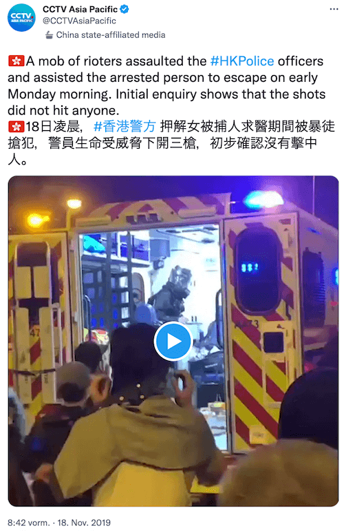 Ein chinesischer Fernsehsender veröffentlichte das Video 2019 auf Twitter.