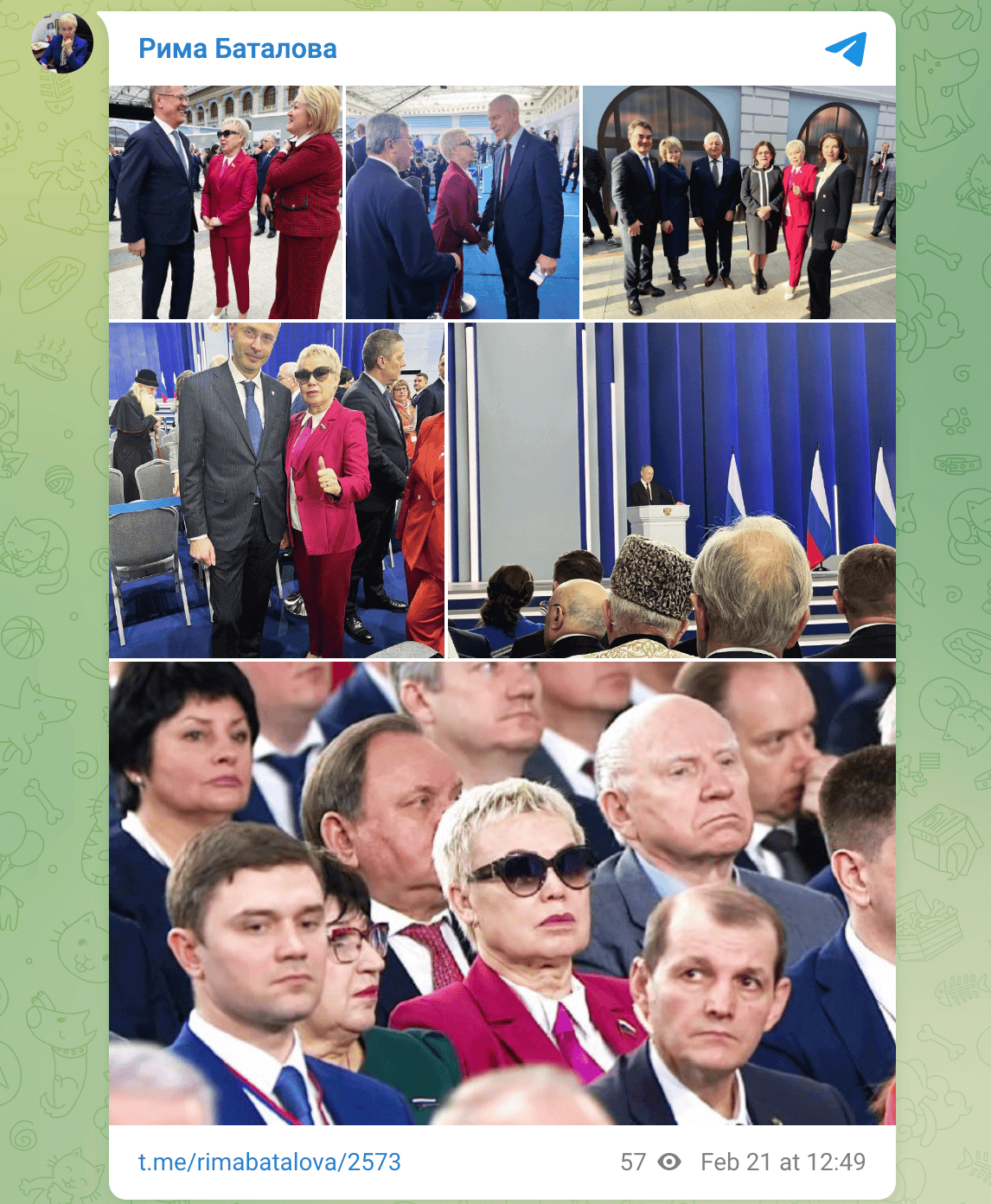 „Heute hielt der russische Präsident Wladimir Putin seine nächste Rede vor der Bundesversammlung“, schreibt der Telegram-Kanal Rima Batalova diese Bilder.