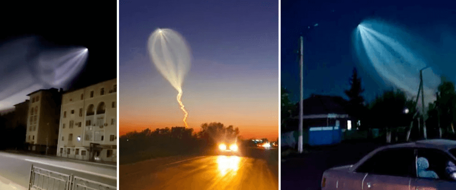 Drei Fotos, die ballonförmige Lichtkegel zeigen.