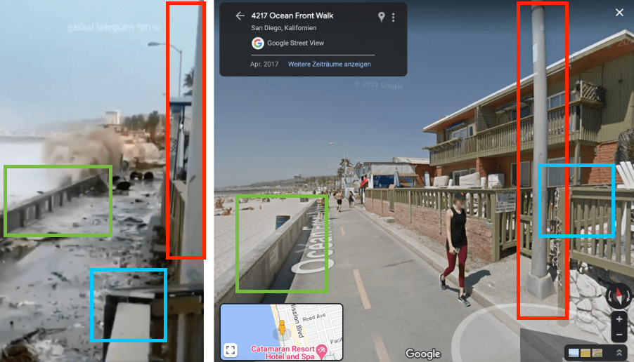 Der Vergleich mit einem Foto von Google Maps vom April 2017 (rechts) bestätigt, dass das Video (links) am Mission Pier in San Diego aufgenommen wurde. Die Laterne, der Balkon und auch die Wand am Strandufer sind identisch und in dem Bild farbig markiert..