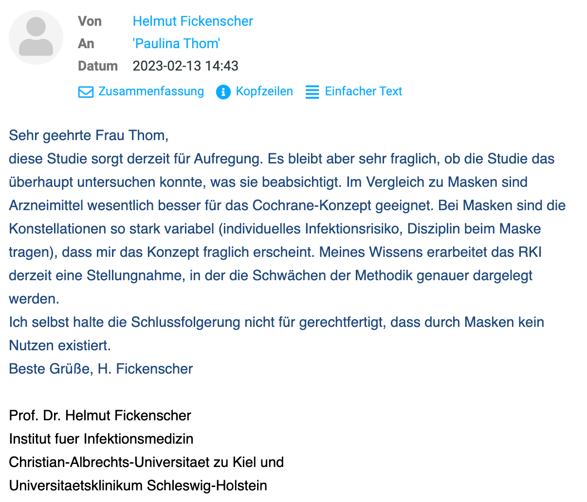 Screenshot der E-Mail von Helmut Fickenscher