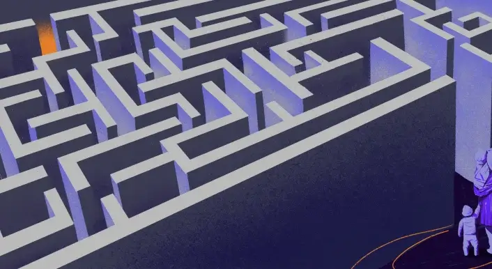 Eine Frau mit drei Kindern steht am Eingang eines Labyrinths. Symbolbild für Häusliche Gewalt und die Suche nach einem Platz in einem Frauenhaus.