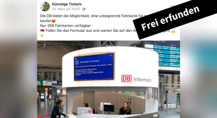 Deutsche Bahn? Ein Screenshot von einem der Facebook-Beiträge mit dem Fake-Angebot, der mir "Frei erfunden" markiert ist.