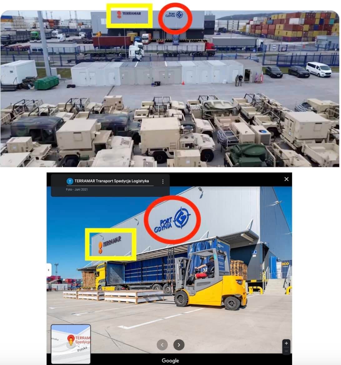 Collage zeigt die Logos auf Bildern auf Google vom Hafen in Polen