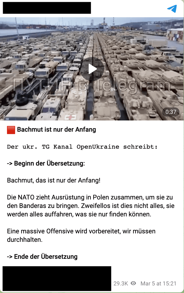 Telegram-Beitrag mit der falschen Behauptung, das Video zeige wie die Nato Ausrüstung in Polen zusammenziehe, um sie in die Ukraine zu bringen