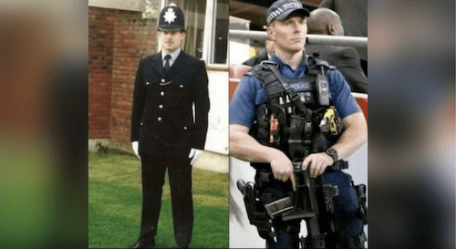Zwei Fotos nebeneinander: Links ein stramm stehender Polizist, der offensichtlich für ein Foto posiert – ohne Waffen – und rechts ein hochkonzentrierter, schwer bewaffneter Mann.