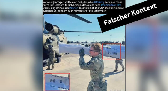 Screenshot eines Tweets mit der Falschbehauptung und dem Bild - das Bild ist mit "Falscher Kontext" markiert.