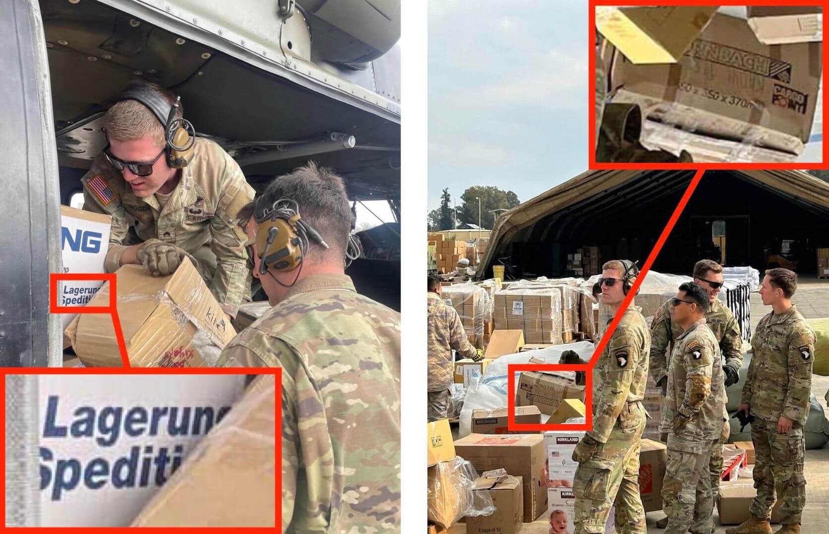 Zwei Fotos von Soldaten die Hilfsgüter mit deutscher Aufschrift transportieren. Die Aufschriften sind jeweils vergrößert sichtbar.