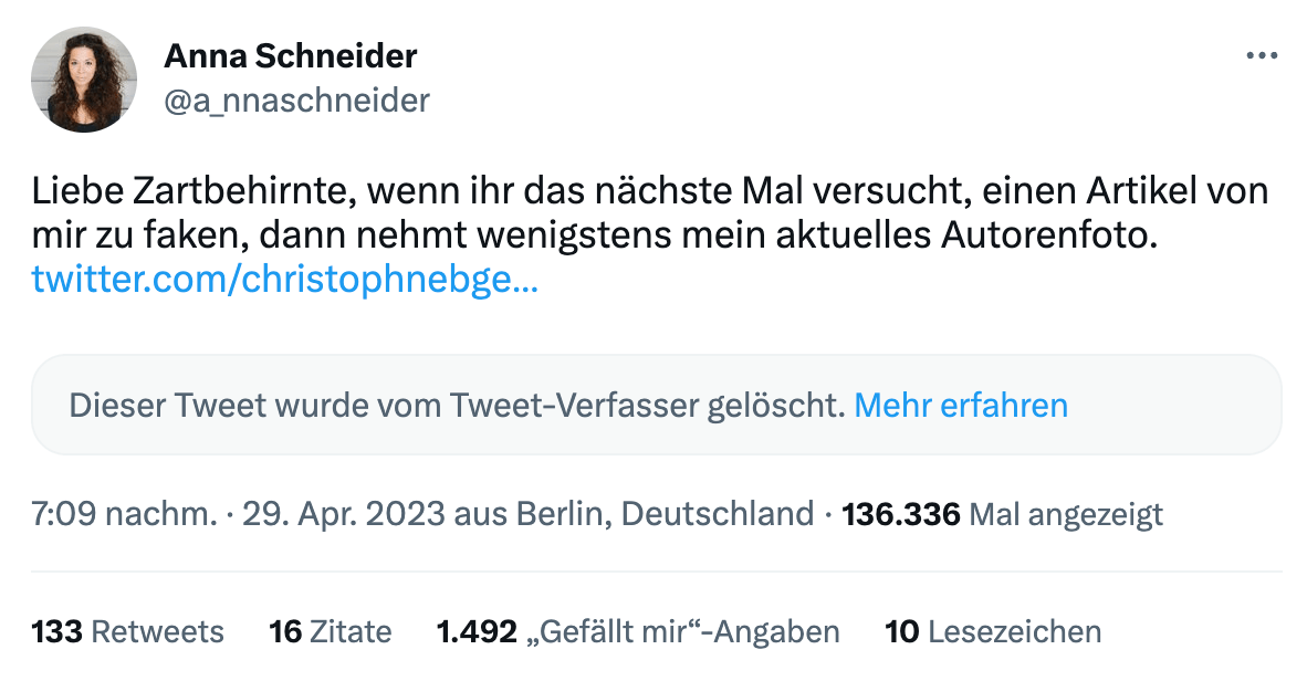 Auf Twitter weist die Journalistin Anna Schneider darauf hin, dass es sich bei dem angeblichen Artikel um eine Fälschung handelt