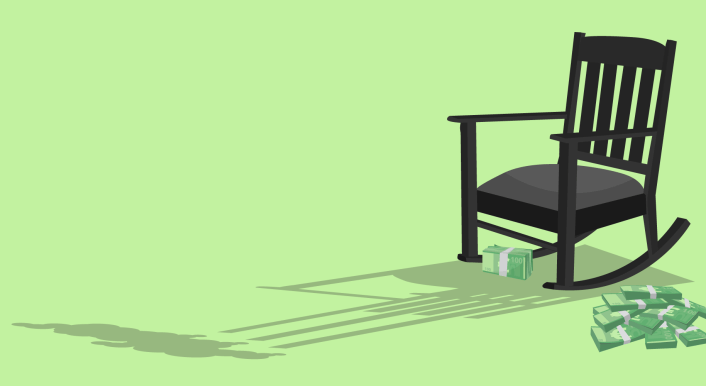 Symbolbild: Ein Schaukelstuhl wirft einen Schatten, der aussieht wie Schornsteine einer Fabrik. Ein Haufen Geldscheine liegt auf dem Boden.