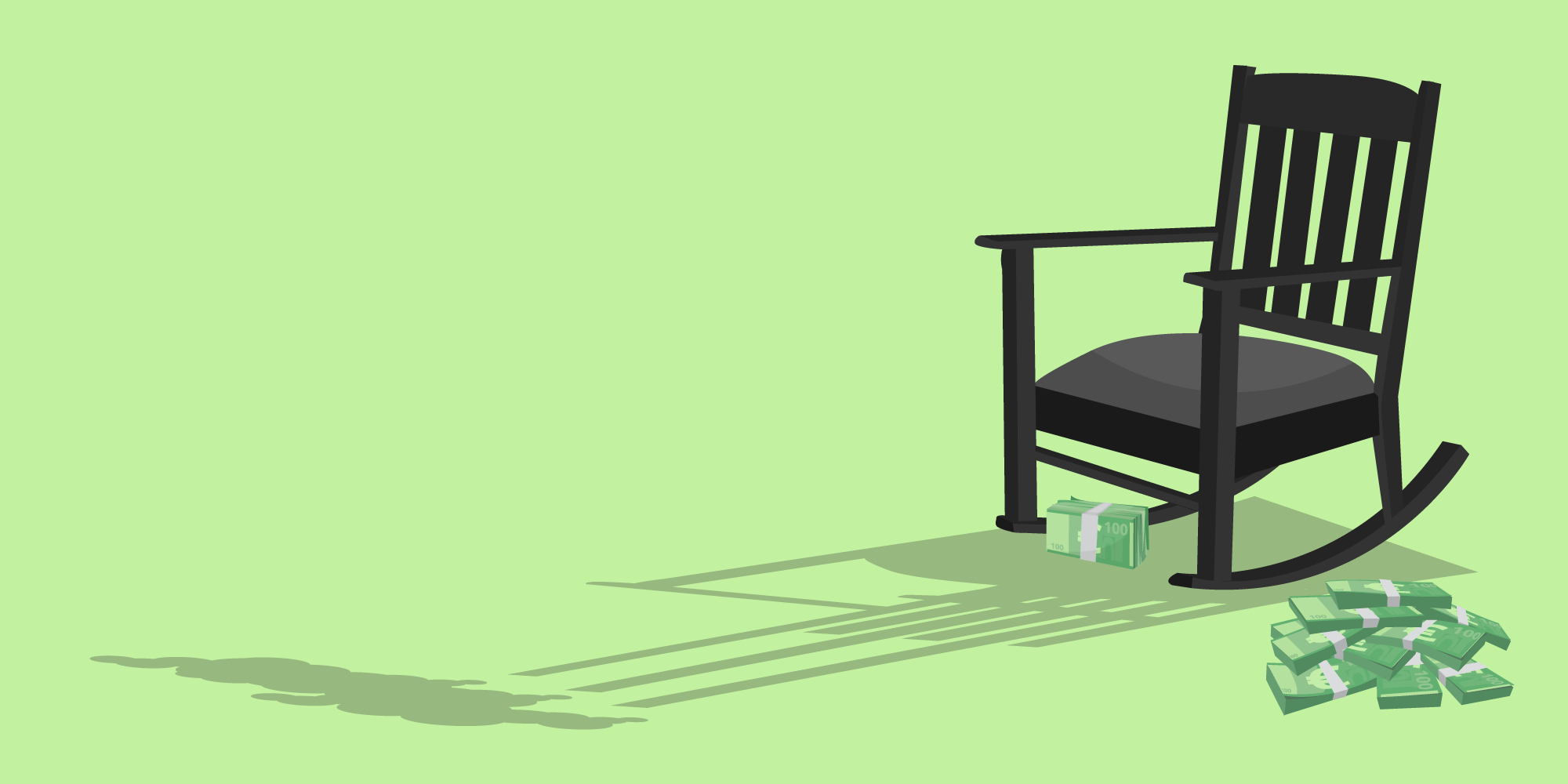 Symbolbild: Ein Schaukelstuhl wirft einen Schatten, der aussieht wie Schornsteine einer Fabrik. Ein Haufen Geldscheine liegt auf dem Boden.