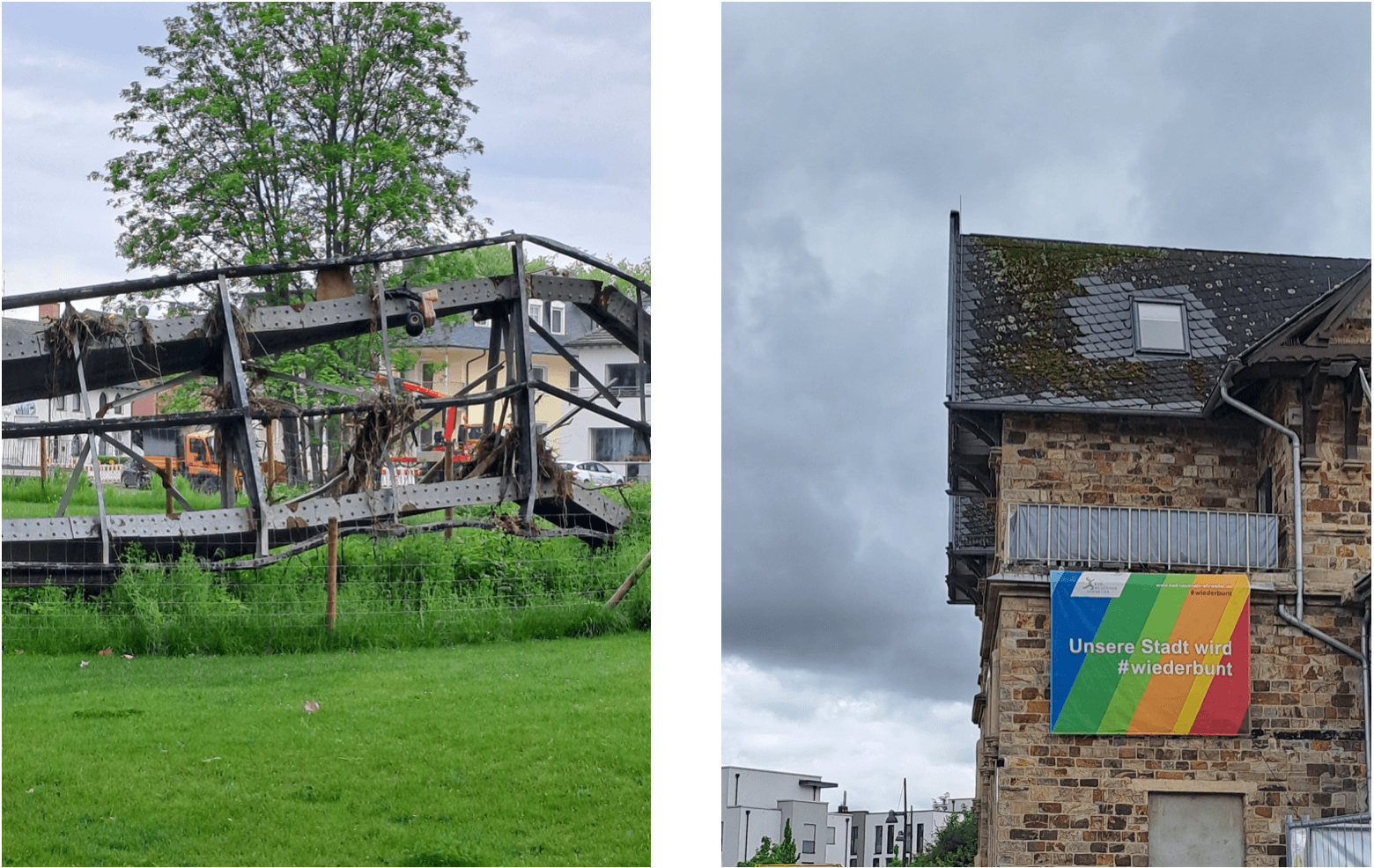 Bild links von der Ahrflut zerstörte Brücke im Kurpark Bad Neuenahr, Bild rechts Wiederaufbau und Neugestaltung der Stadt