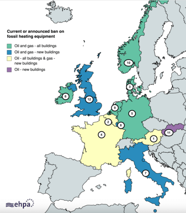 Auf einer Karte Europas ist eingezeigt, welche Länder bereits Maßnahmen setzen, um aus fossilen Heizungen auszusteigen. 12 Länder sind farblich gekennzeichnet.
