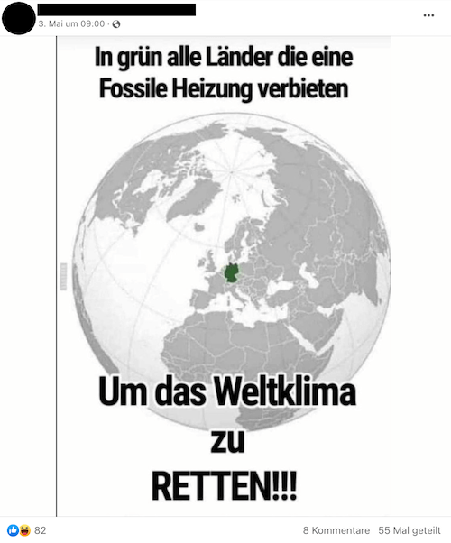 In einem Facebookbeitrag steht: "In grün alle Länder, die fossile Heizungen verbieten", zu sehen ist eine Weltkugel auf der lediglich Deutschland grün markiert ist.
