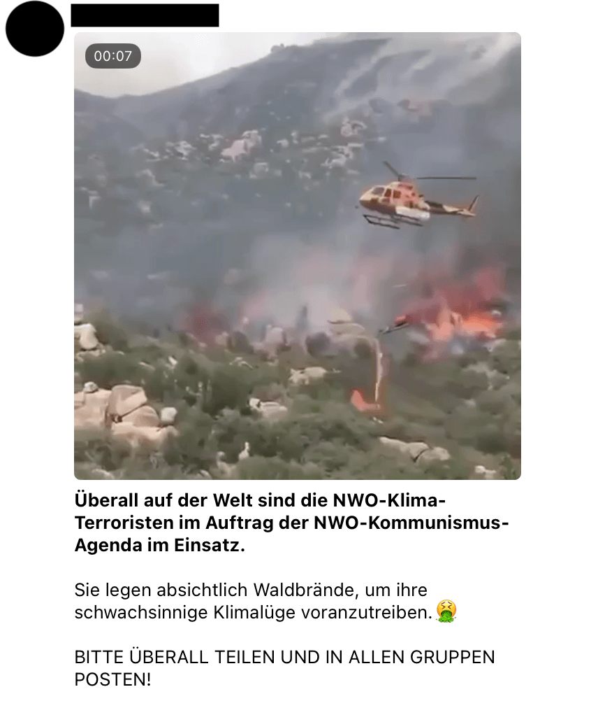 Dieser Screenshot eines Videos zeige, wie ein Helikopter absichtlich Waldbrände lege, heißt es in Beiträgen auf Sozialen Netzwerken. Doch zu sehen ist ein kontrolliertes Feuer aus Forstschutzgründen.
