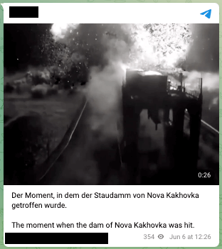 Auf Telegram wird ein schwarz-weiß-Foto geteilt, es zeigt die Sprengung eines Damms.