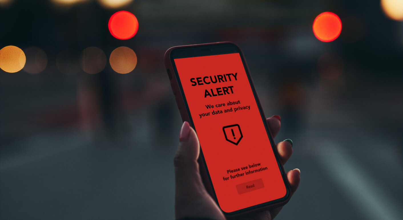 Security alert on smartphone screen. Antivirus warning. Private data protection system notification. Important security issue. Concept of cyber crime, hacking password and bank accounts, stealing money and personal data. Data breach