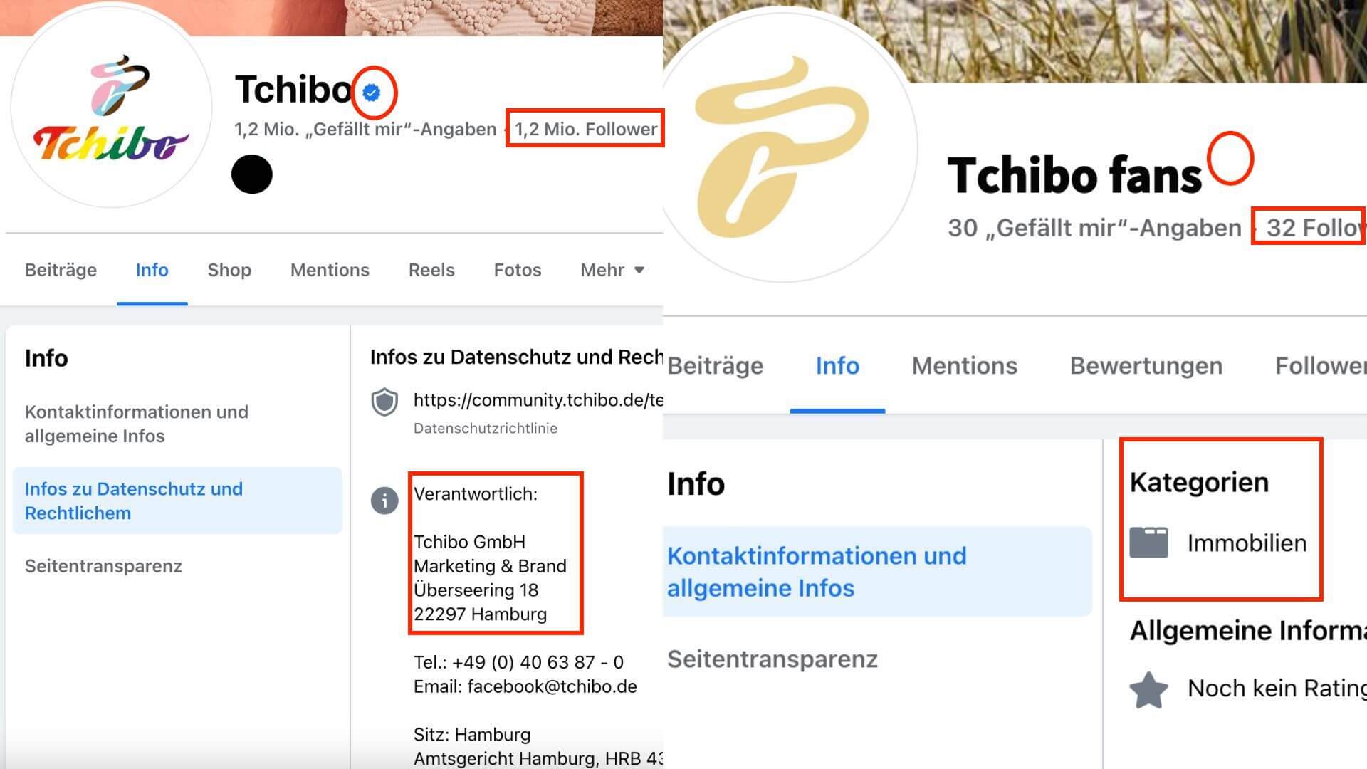 Rechts ist die Facebook-Seite des Accounts „Tchibo fans“ zu sehen, links zum Vergleich die verifizierte Seite des echten Unternehmens