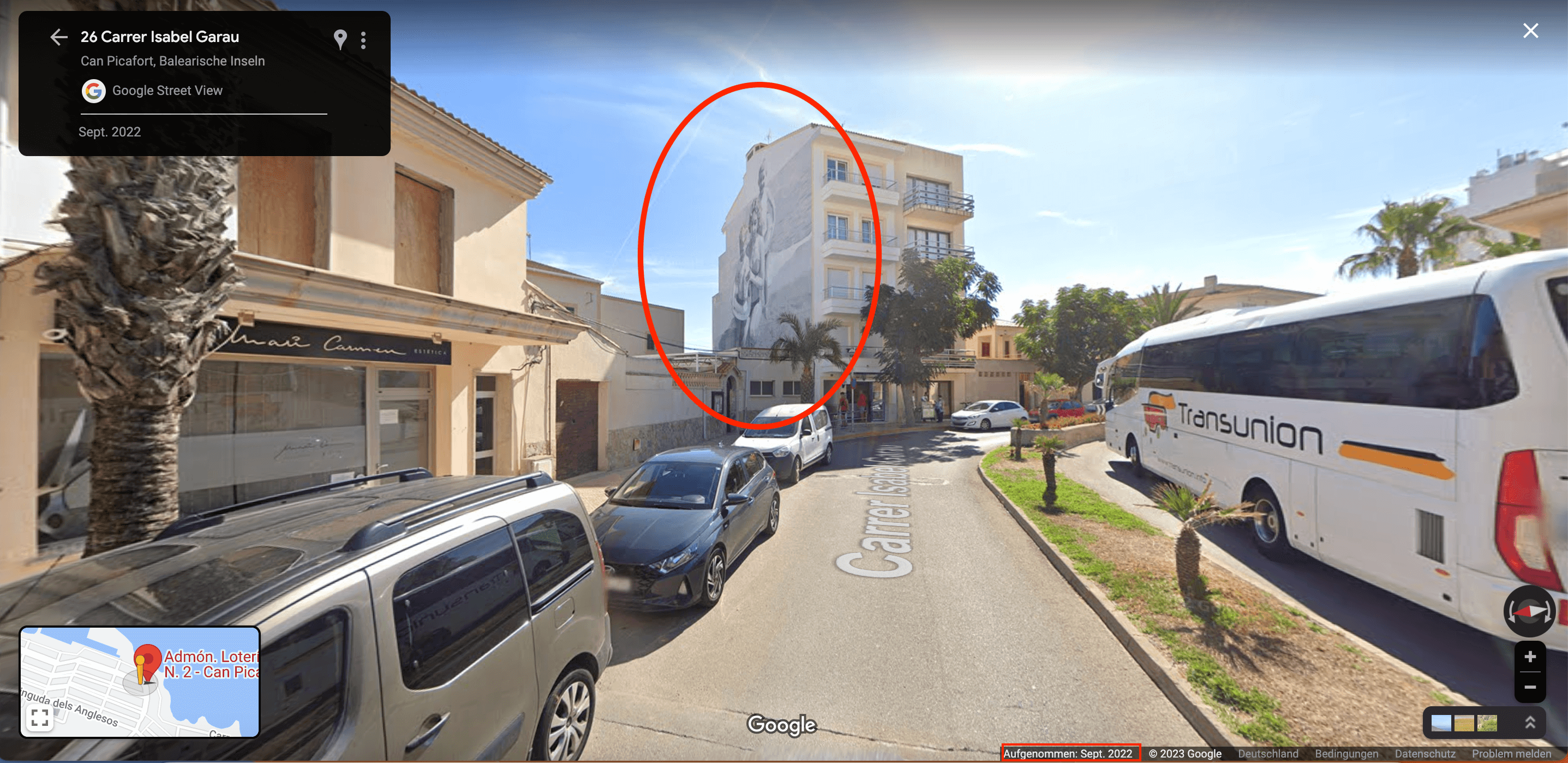 Bei Google-Maps ist das Wandgemälde in Can Picafort zu finden, hier mit Blick aus der Carrer Isabel Garau