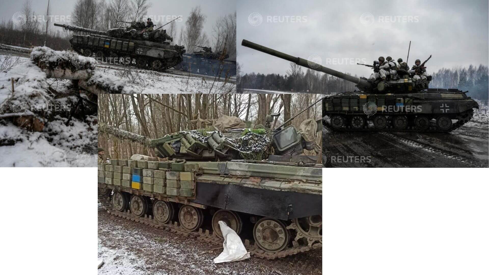 Aufnahmen eines Reuters-Fotografen von März 2023 zeigen ukrainische Panzer an der Grenze zu Belarus (oben). Eine weitere Aufnahme der ukrainischen Botschaft in Prag soll den gleichen Panzer nach der Entfernung des Balkenkreuzes zeigen